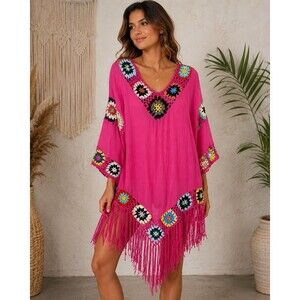 ASHA Pink Crochet Fringe Boho Tunic Cover Up Top Womens One Size